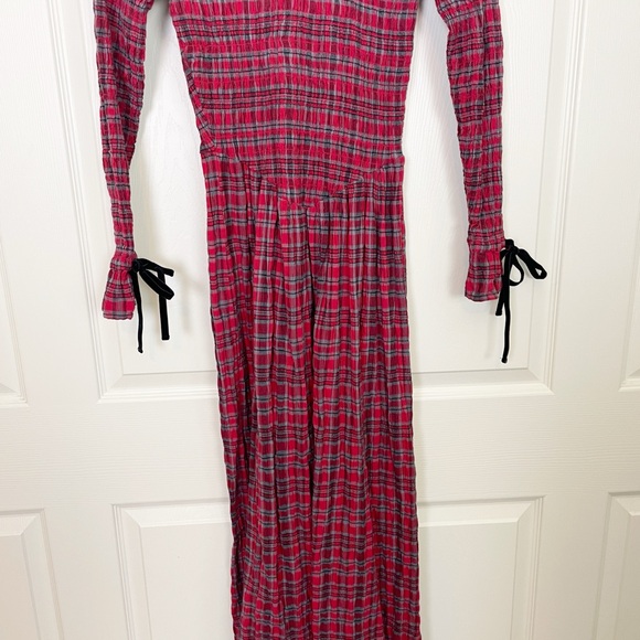Damson Madder Alice Red Plaid Shirred Midi Dress Drop Waist Velvet Trim Sz 6 - Picture 5 of 11